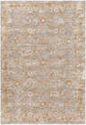 Close-up of the Andres Cream Area Rug featuring a traditional floral pattern in cream, blue, tan, and light brown hues. Design-Rectangle-6796