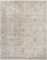 Close-up of the Andres Sage Area Rug. Traditional floral pattern in cream, tan, light brown, and blue. Machine woven polyester rug. Design-Rectangle-710102