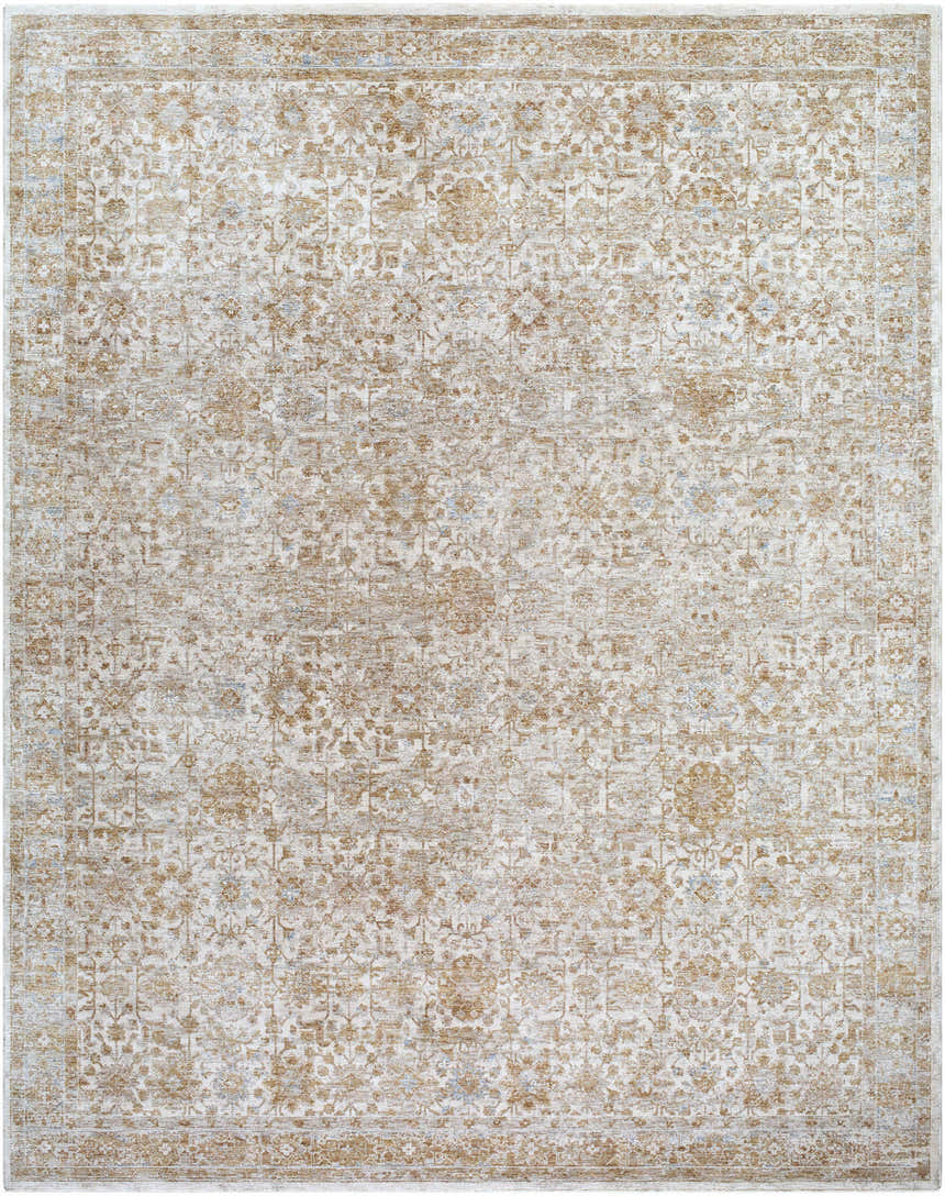 Close-up of the Andres Sage Area Rug. Traditional floral pattern in cream, tan, light brown, and blue. Machine woven polyester rug. Design-Rectangle-710102