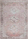 Close-up of the Ussun Washable Area Rug. Traditional design with beige, brown, and dusty pink tones. Machine woven polyester. Design-Rectangle-5373