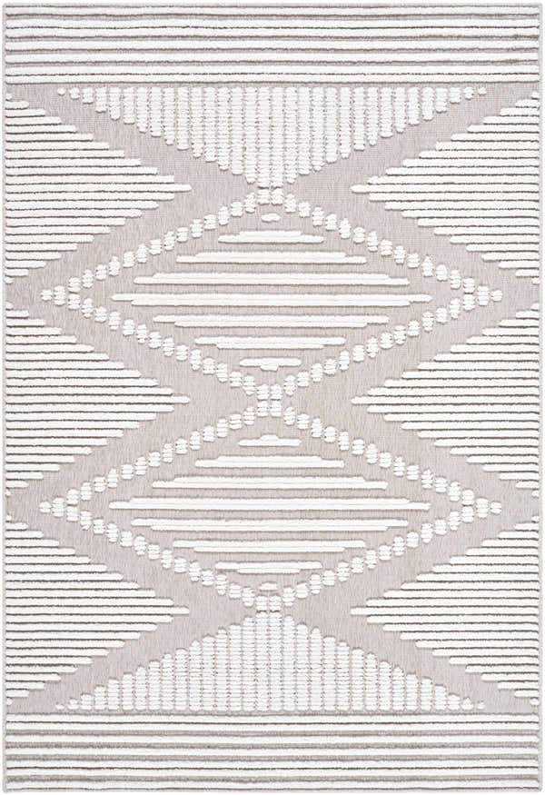 Close-up of Annika Washable Area Rug. Off-white and tan rug with a geometric diamond and stripe pattern. Farmhouse style. Design-Rectangle-57