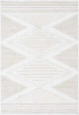 Close-up of the Annika Beige 3D Washable Area Rug. Features a geometric diamond pattern in beige and off-white hues. Design-Rectangle-57