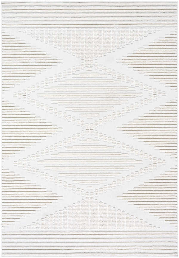 Close-up of the Annika Beige 3D Washable Area Rug. Features a geometric diamond pattern in beige and off-white hues. Design-Rectangle-57