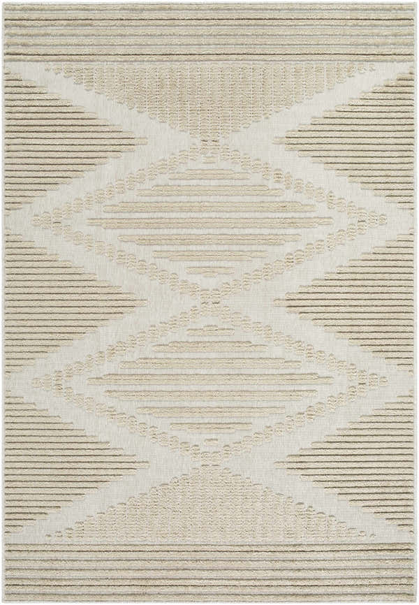Close-up of the Annika Light Brown 3D Washable Area Rug, featuring a geometric diamond pattern with beige and light brown hues. Design-Rectangle-57