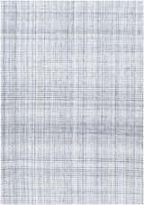 Close-up of the Lubna Light Slate Area Rug. Hand-woven recycled yarn rug in a farmhouse style with a subtle plaid pattern. Design-Rectangle-576