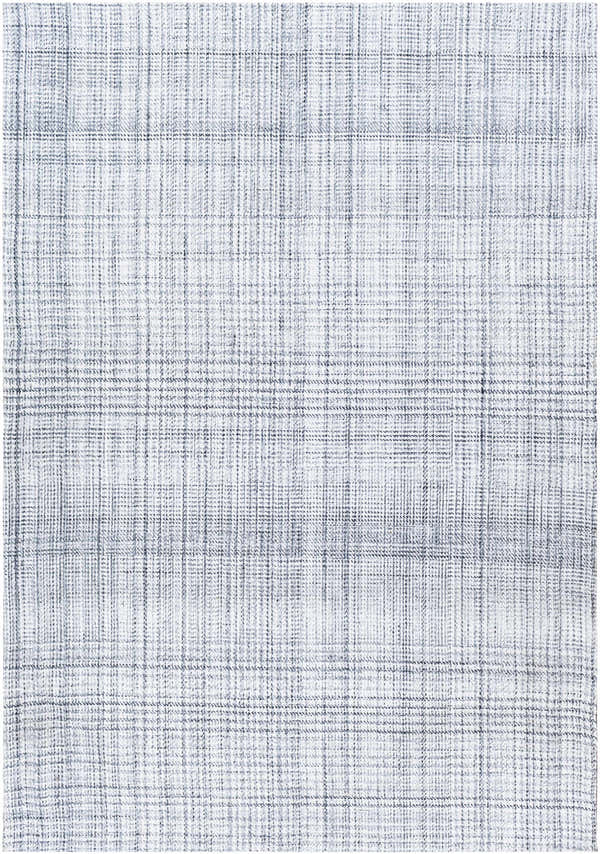 Close-up of the Lubna Light Slate Area Rug. Hand-woven recycled yarn rug in a farmhouse style with a subtle plaid pattern. Design-Rectangle-576