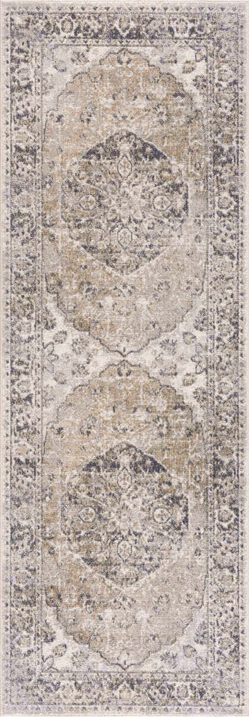 Close-up of Rudo Beige rug with oriental, vintage design. Flat pile rug in dark gray, lambswool, and nutmeg colors. Design-Runner-2773