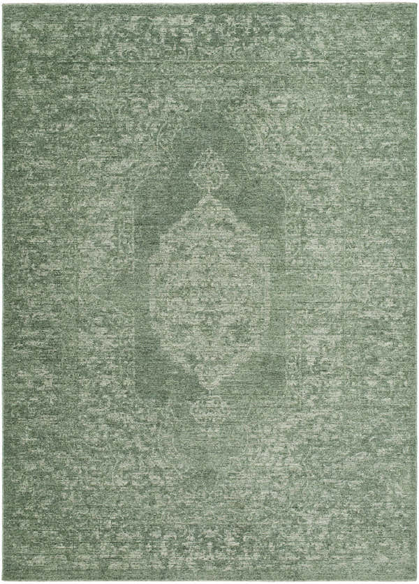 Close-up of the Lilach Area Rug, a machine-woven rectangle in green and sage with a traditional, faded design. Design-Rectangle-679