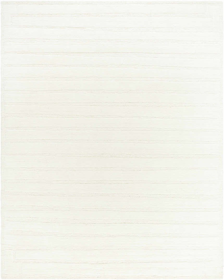 Close-up of the Aurex Cream Stepped Arch Art Deco Wool Handmade Area Rug, showing its texture and horizontal line pattern. Design-Rectangle-810