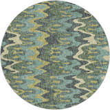 Round Dalyn Luxury Lorenzo LN6 Teal Washable Area Rug with a wavy abstract pattern in teal, green, beige, and charcoal.