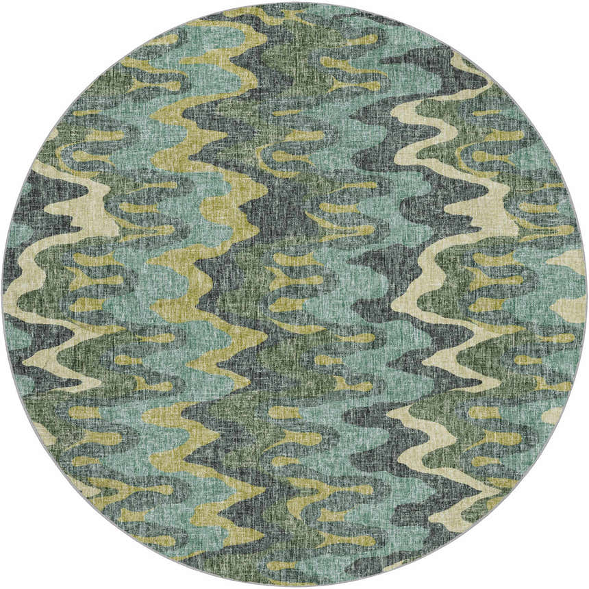 Round Dalyn Luxury Lorenzo LN6 Teal Washable Area Rug with a wavy abstract pattern in teal, green, beige, and charcoal.