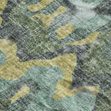 Close-up of Dalyn Luxury Lorenzo LN6 Teal Washable Area Rug. Abstract pattern in beige, green, sage, and charcoal.
