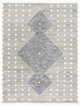 Lodwar Area Rug: Hand-woven recycled PET yarn rug in charcoal, cream, and gray with diamond and cross pattern. Design-Rectangle-810