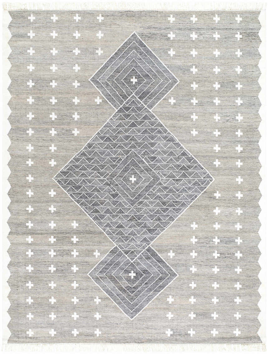 Lodwar Area Rug: Hand-woven recycled PET yarn rug in charcoal, cream, and gray with diamond and cross pattern. Design-Rectangle-810