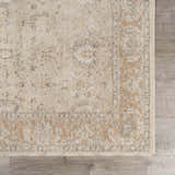 Close-up of the Airlia Cream Thick Luxe Area Rug showing beige, ivory, and light gray traditional pattern. Swatch