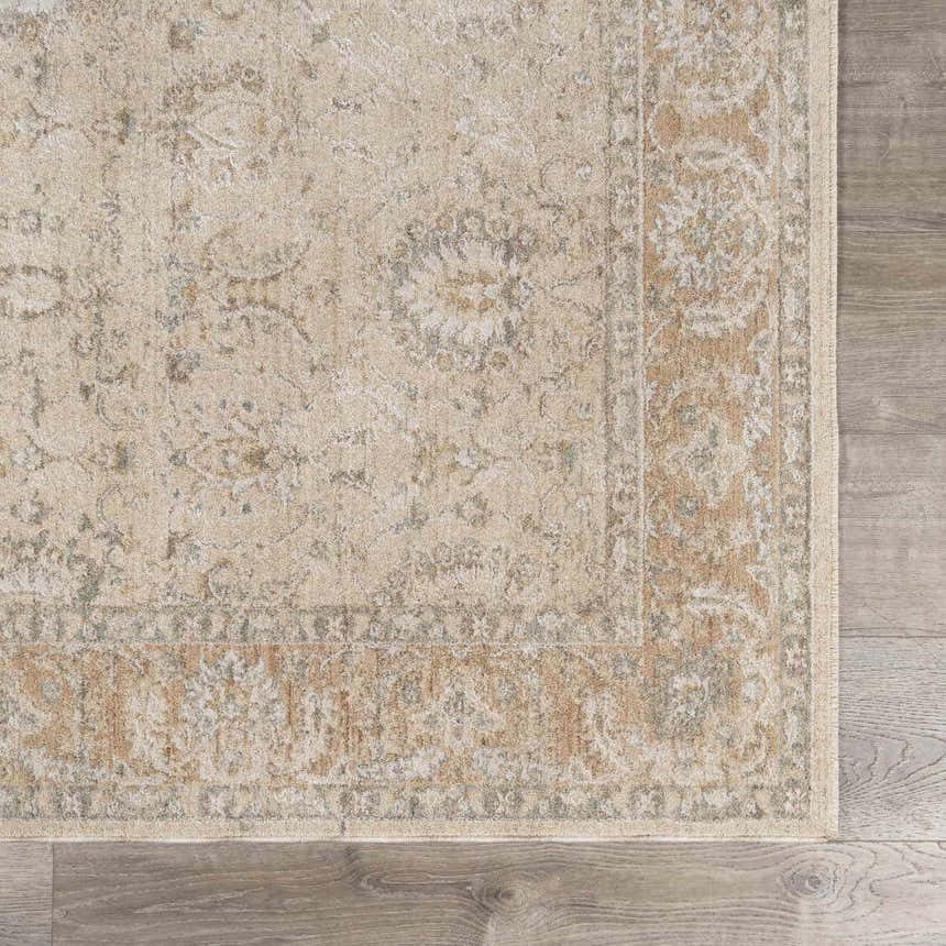 Close-up of the Airlia Cream Thick Luxe Area Rug showing beige, ivory, and light gray traditional pattern. Swatch