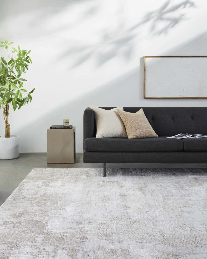 Living room scene with a gray sofa and the light gray Lumbia Distressed Embossed Area Rug on a concrete floor. Roomscene-Rectangle