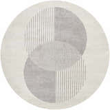 Round Elvi Area Rug with a geometric pattern of gray vertical lines on a natural gray background. Mid-Century Modern style. Design-Round-67