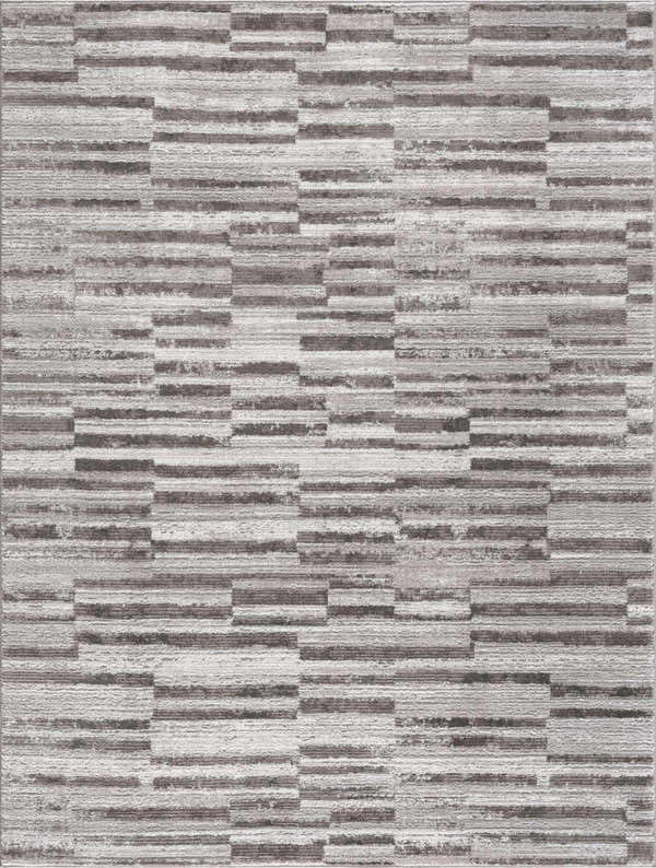 Close-up of the Arissa Broken-Striped Area Rug. Geometric design in black, gray, and white. Machine woven texture. Design-Rectangle-5373