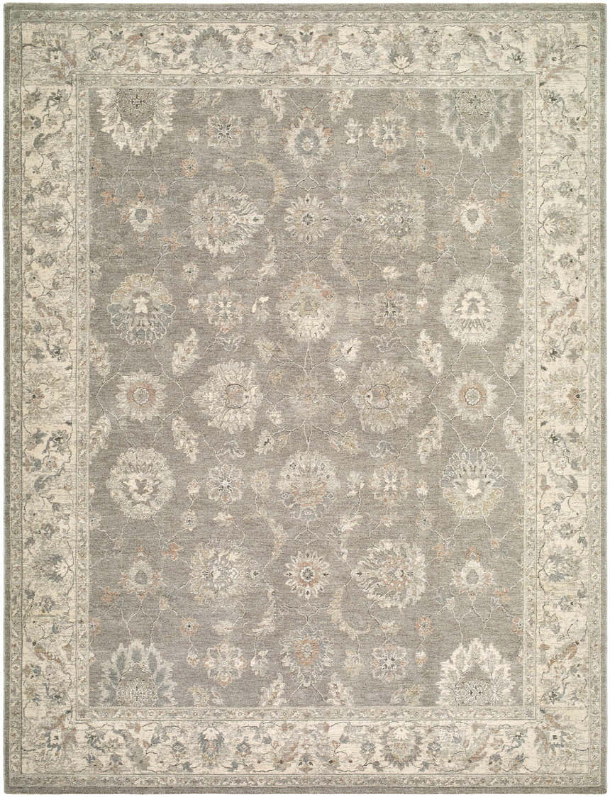 Detailed Alinae Area Rug featuring a traditional floral pattern in cream, green, slate blue, and tan. Design-Rectangle-710102