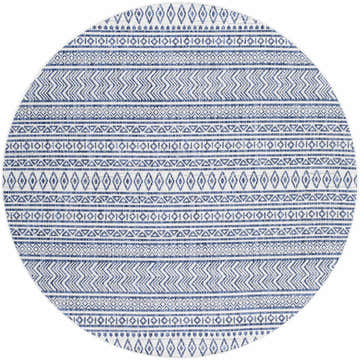 Close-up of a round Madras Light Blue Green All Over Performance Area Rug with a bohemian geometric pattern. Design-Round-53