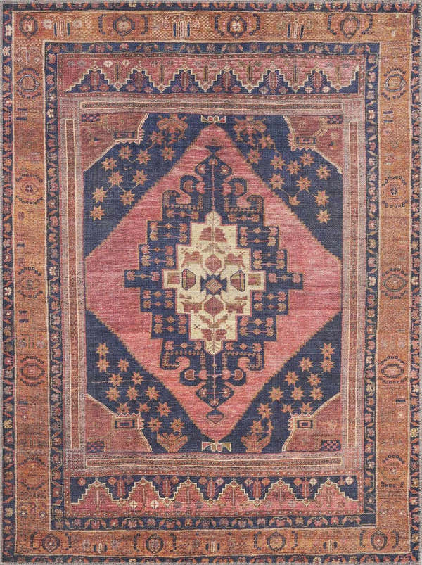 Detailed view of the Malamote Vintage Flat Pile Washable Rug, featuring burnt orange, dark blue, and pink tones in a traditional pattern. Design-Rectangle