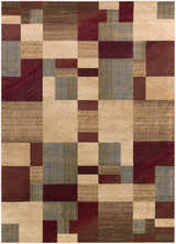 Close-up of the Maumee Brown Mosaic Performance Rug, featuring a geometric block pattern in brown, red, beige, and gray hues. Design-Rectangle-71010