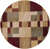 Round Maumee Brown Mosaic Performance Rug featuring a contemporary geometric block pattern in brown, red, and green tones. Design-Round-8