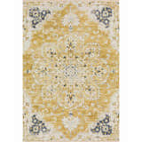 Close-up of Dalyn Marbella MB3 Gold Washable Area Rug. Traditional floral medallion design in gold, chestnut, taupe, and blue.