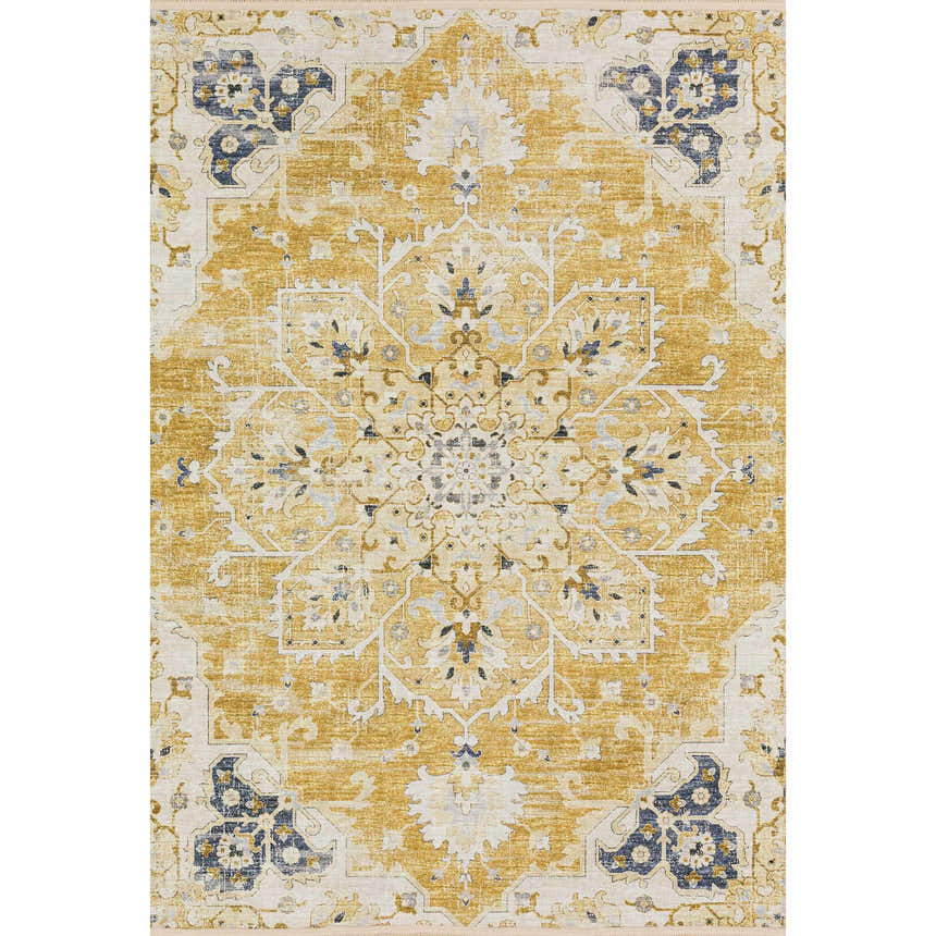 Close-up of Dalyn Marbella MB3 Gold Washable Area Rug. Traditional floral medallion design in gold, chestnut, taupe, and blue.