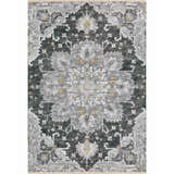 Close-up of Dalyn Marbella MB3 Midnight Washable Area Rug. Traditional medallion pattern in midnight, gray, taupe, and gold.