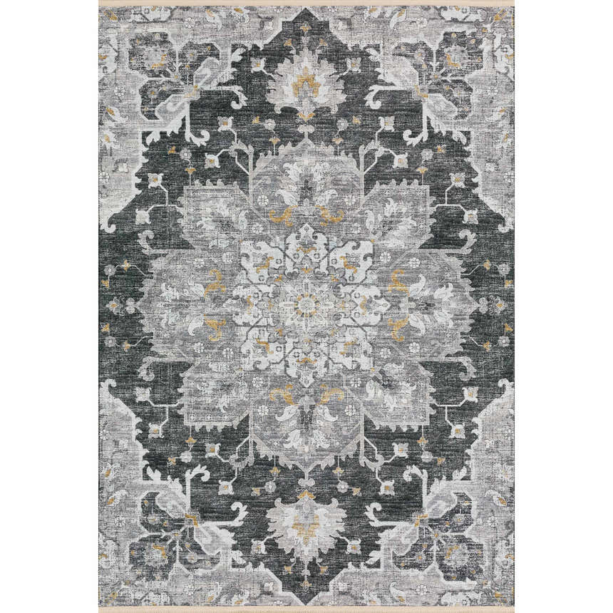 Close-up of Dalyn Marbella MB3 Midnight Washable Area Rug. Traditional medallion pattern in midnight, gray, taupe, and gold.