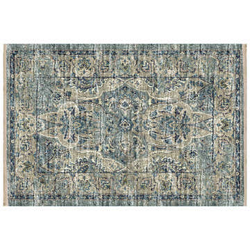 Close-up of Dalyn Marbella MB5 Mineral Blue Washable Area Rug. Farmhouse style rug with chestnut, denim, and gray traditional pattern.