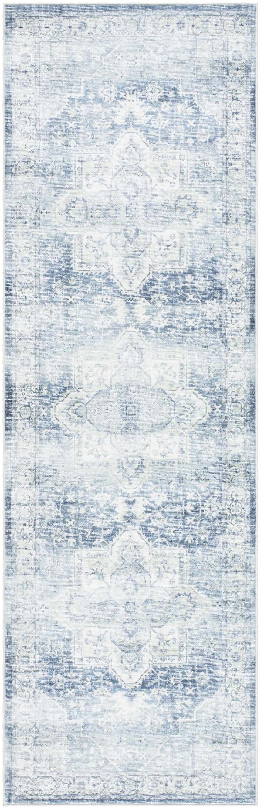 Close-up of the Mauro Navy Medallion Washable Area Rug, featuring a traditional light gray and blue distressed pattern. Design-Runner-268