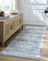 Entryway with light wood console and Mauro Navy Medallion Washable Area Rug runner in blue and gray. Roomscene-Runner