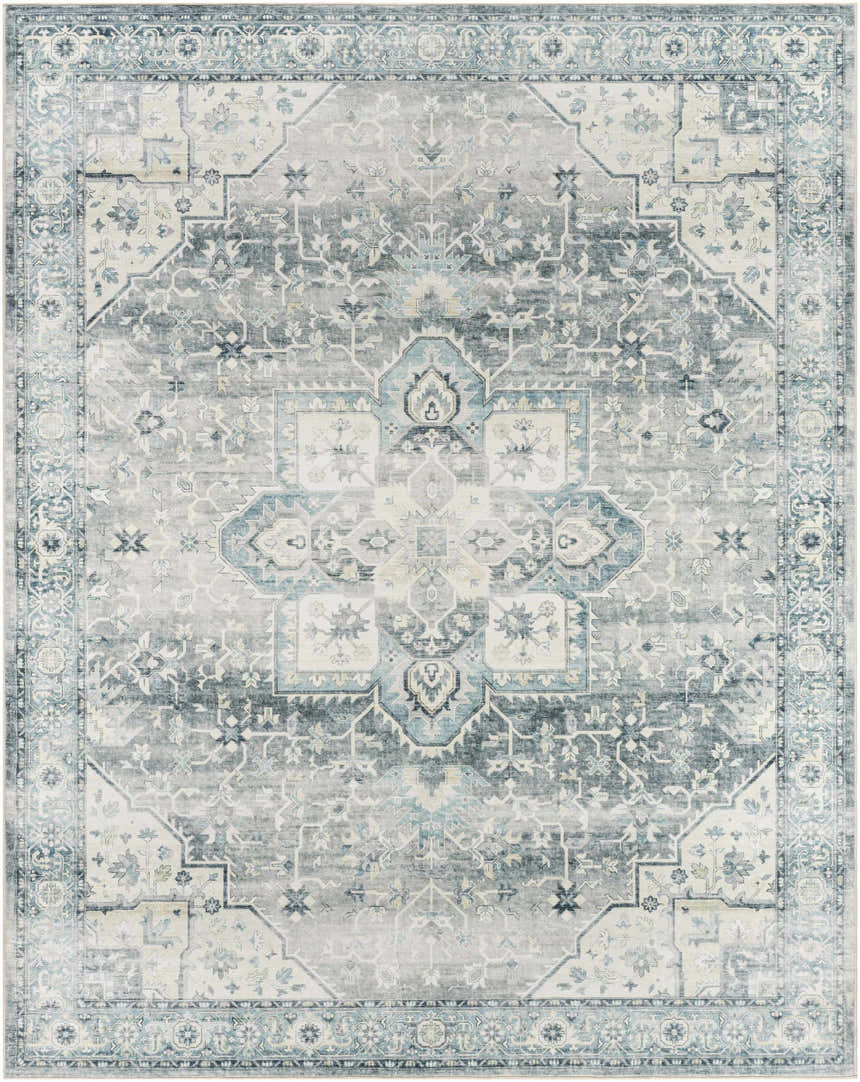 Mauro Blue Medallion Washable Area Rug with a traditional light gray, silver gray, and sterling gray pattern. Design-Rectangle-7696