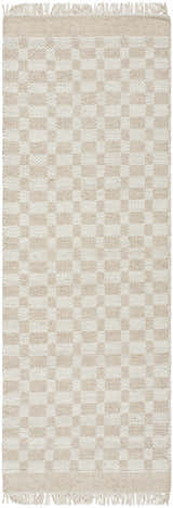 Close-up of the Meira Tan Area Rug, a hand-woven wool rug with a checkerboard pattern in ivory and tan, and fringed edges. Design-Runner-268