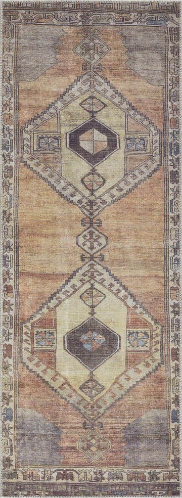 Close-up of the Medinah Washable Area Rug, a traditional runner rug with a brown, camel, and ivory bohemian pattern. Design-Runner