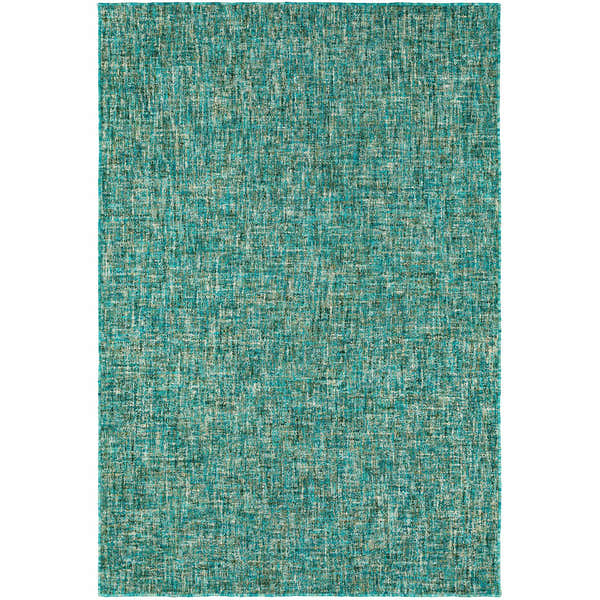 Close-up of the Dalyn Mateo ME1 Aruba Area Rug. Hand-tufted wool and viscose rug in aqua, aruba, chestnut, olive, and teal.
