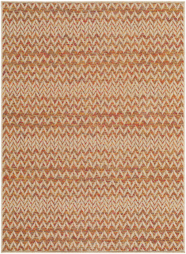 Close-up of the Alazne Burnt Orange Area Rug, featuring a cream herringbone pattern on a terracotta and sandstone background. Design-Rectangle-57