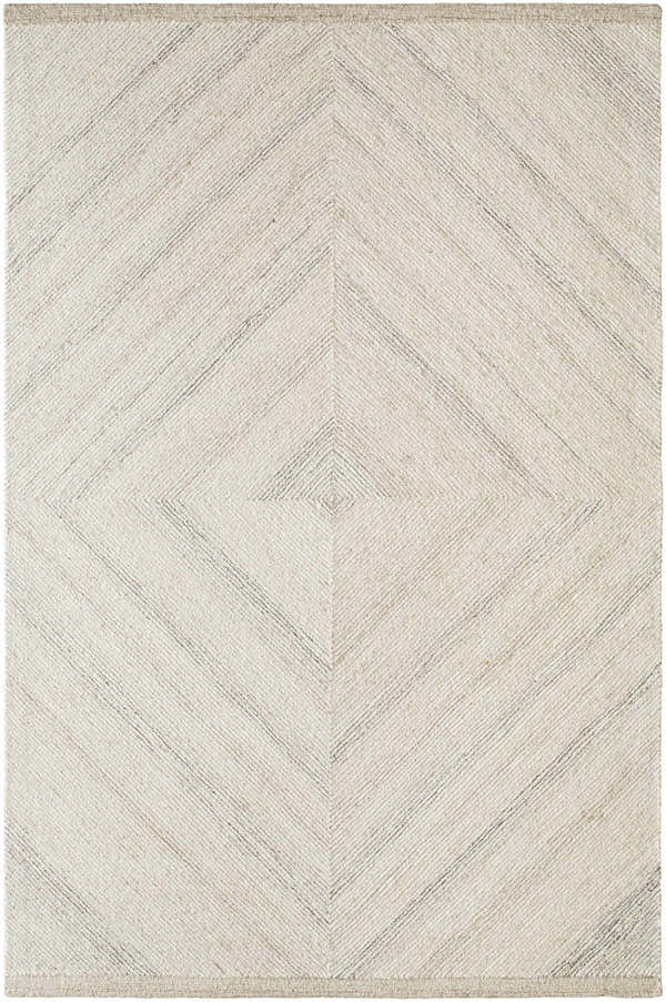 Close-up of the Meryn Modern Wool Rug. Ivory rug with a geometric diamond pattern in medium brown and peach tones. Design-Rectangle-576