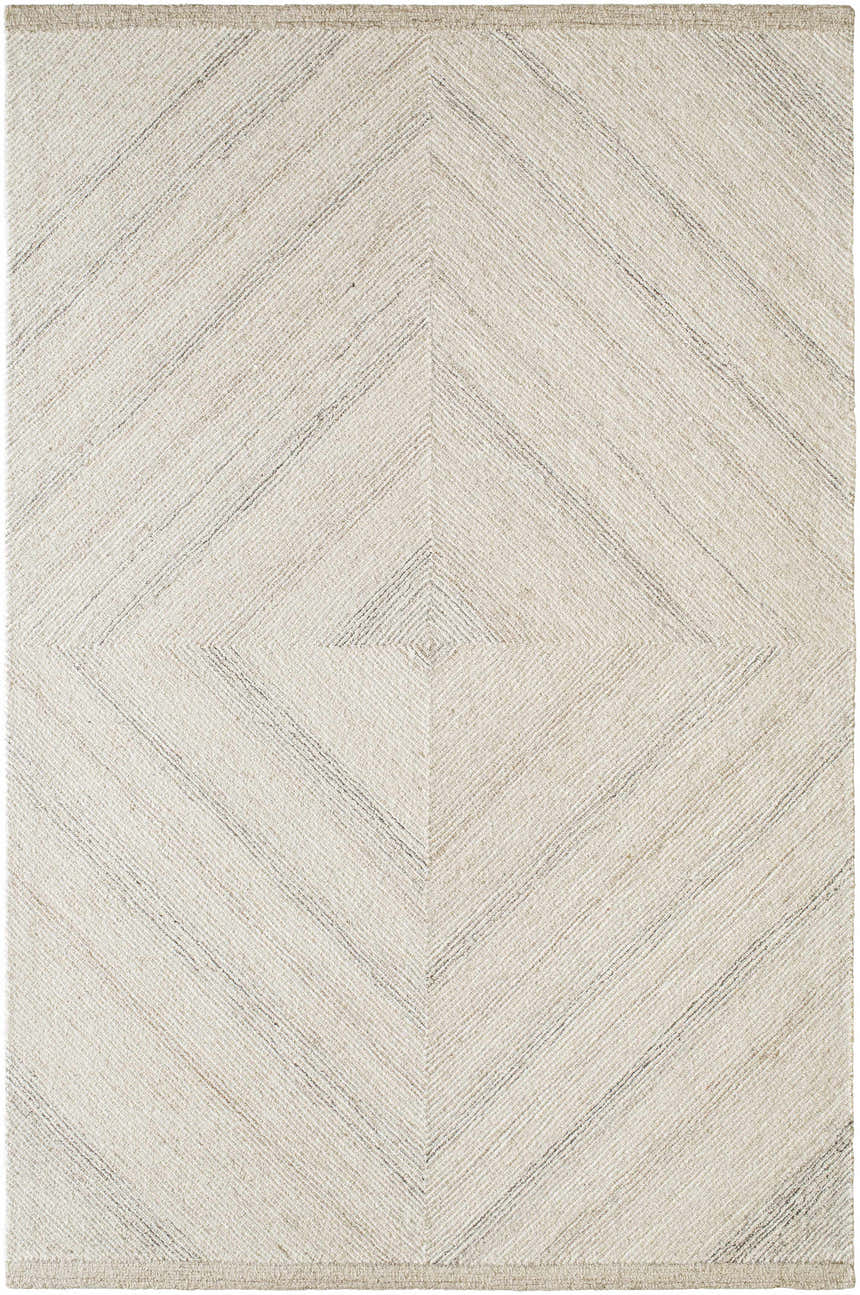 Close-up of the Meryn Modern Wool Rug. Ivory rug with a geometric diamond pattern in medium brown and peach tones. Design-Rectangle-576