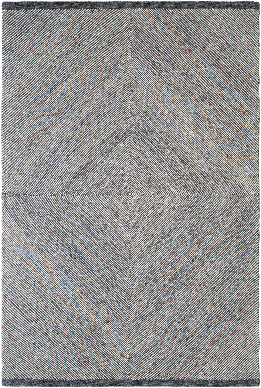Close-up of a hand-tufted Wool Texture Area Rug. Contemporary style with black and cream geometric pattern. Design-Rectangle-576