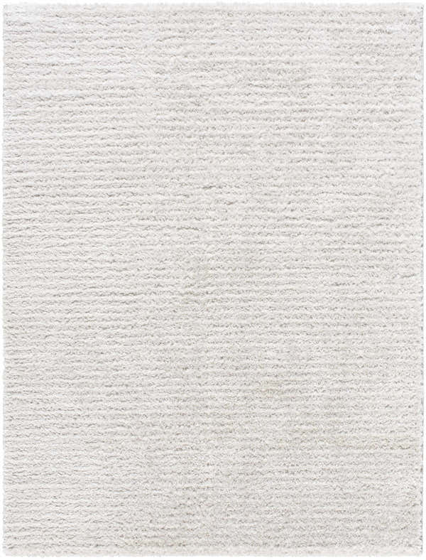 Close-up of the Alysha Area Rug. Soft, textured shag in shades of gray and white. Machine woven polyester. Design-Rectangle-537