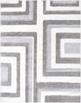 Close-up of the Alysha Area Rug. Shag rug with a geometric maze pattern in gray, light gray, medium gray, and white. Design-Rectangle-71010