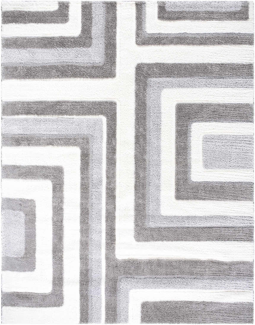 Close-up of the Alysha Area Rug. Shag rug with a geometric maze pattern in gray, light gray, medium gray, and white. Design-Rectangle-71010