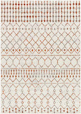 Close-up of the Medea Area Rug: burnt orange and charcoal diamond pattern on a light gray, machine woven rug. Design-Rectangle-57