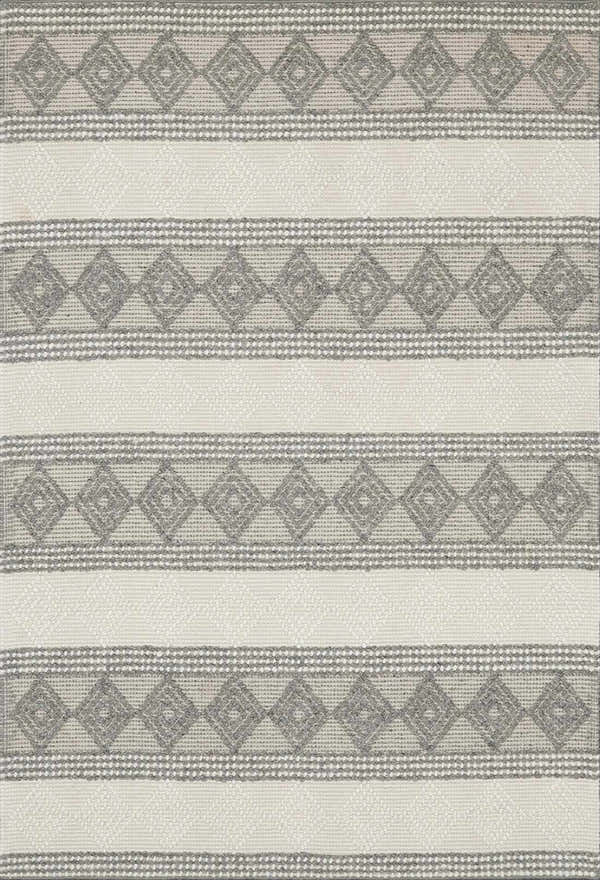 Close-up of the Mineola Wool Area Rug, showcasing its charcoal diamond pattern and white stripes. Hand-woven texture. Design-Rectangle