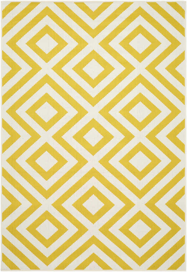 Close-up of the Maven Area Rug. Contemporary style with a geometric diamond pattern in yellow and white. Design-Rectangle-5377