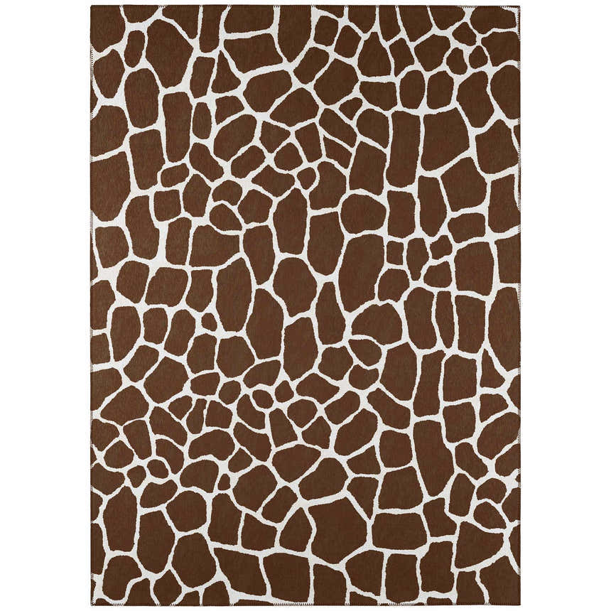 Close-up of the Dalyn Mali ML4 Chocolate Washable Area Rug featuring a brown and white giraffe print pattern.